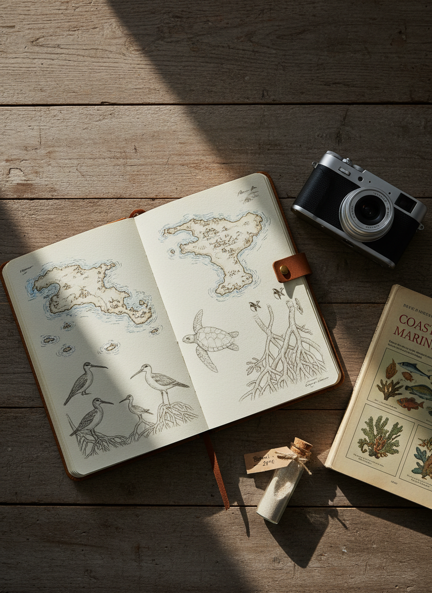 An elegant flat lay of a conservation-focused travel journal spread across a reclaimed wood table, pages open to a hand-drawn map of a remote coastline and delicate pencil sketches of turtles, shorebirds, and mangroves. Beside it rests a compact mirrorless camera, a battered field guide to marine life, and a small glass vial of sand labeled with fine handwriting. Soft afternoon window light spills across the scene from the left, creating gentle highlights on the camera’s metal edges and subtle shadows along the journal’s textured paper. Photographic realism with a top-down, bird’s-eye view composition, carefully arranged yet unpretentious. The atmosphere is sophisticated, reflective, and quietly adventurous, suggesting thoughtful storytelling that weaves together travel, photography, and conservation work.