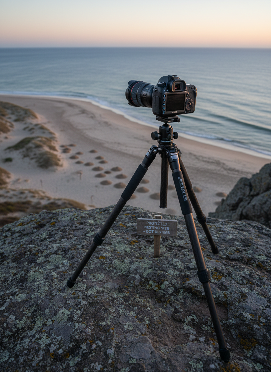 A sturdy carbon-fiber tripod stands firmly planted on a rugged cliff edge, its legs splayed wide over lichen-covered rock, supporting a professional DSLR aimed at a secluded nesting beach below. The shoreline curves in a soft S-shape, dotted with small, carefully marked turtle nests protected by simple wooden stakes and discreet signage. The sky glows with a subtle pre-dawn blue, while a faint band of orange appears at the horizon, casting gentle, cool light over the scene. Photographic realism, composed from a slightly elevated side angle, with the tripod in sharp foreground focus and the beach gradually softening into distance. The mood is contemplative and purposeful, capturing the quiet, sophisticated preparation behind ethical wildlife and conservation photography.
