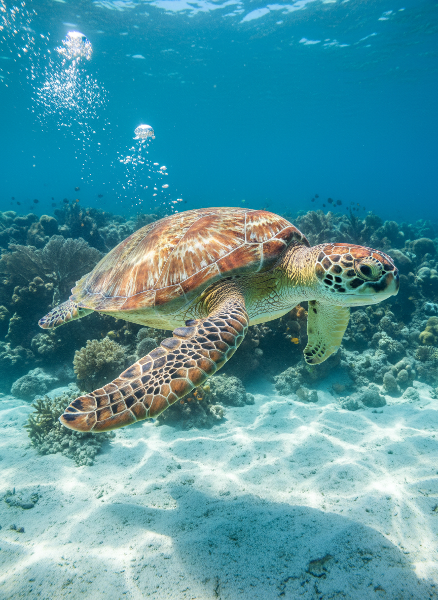 A close-up of a vibrant green sea turtle gliding above a rippled sandy seabed, its intricately patterned shell reflecting dappled sunlight streaming through crystal-clear turquoise water. Tiny air bubbles rise around its gently curved flippers, while a distant reef with soft corals fades into a bluish haze in the background. The scene is lit by bright, natural midday light filtered through the ocean’s surface, creating shimmering patterns on the turtle’s shell and sand below. Photographic realism captured with a wide-angle underwater lens, slightly upward angle, emphasizing the turtle’s grace and serenity. The composition follows the rule of thirds with a refined, sophisticated feel that underscores marine conservation and the quiet elegance of wild creatures.