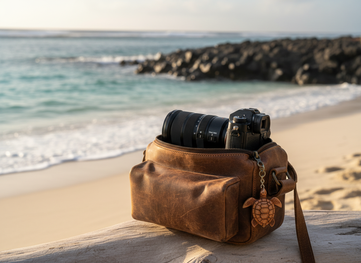 A weathered leather camera bag half-open on a smooth driftwood log, revealing a sleek mirrorless camera with a long telephoto lens and a small carved wooden sea turtle charm hanging from the zipper. Behind it, a sweeping tropical shoreline curves into the distance, with turquoise waves rolling gently onto pale sand and a cluster of dark volcanic rocks in the midground. Golden hour sunlight bathes the scene in warm, soft light, casting elongated, delicate shadows and subtle reflections on the wet sand. Photographic realism, shot at eye level with a shallow depth of field, keeping the camera bag in crisp focus while the coastline falls into creamy bokeh. The mood is sophisticated yet adventurous, hinting at conservation-focused travel photography.