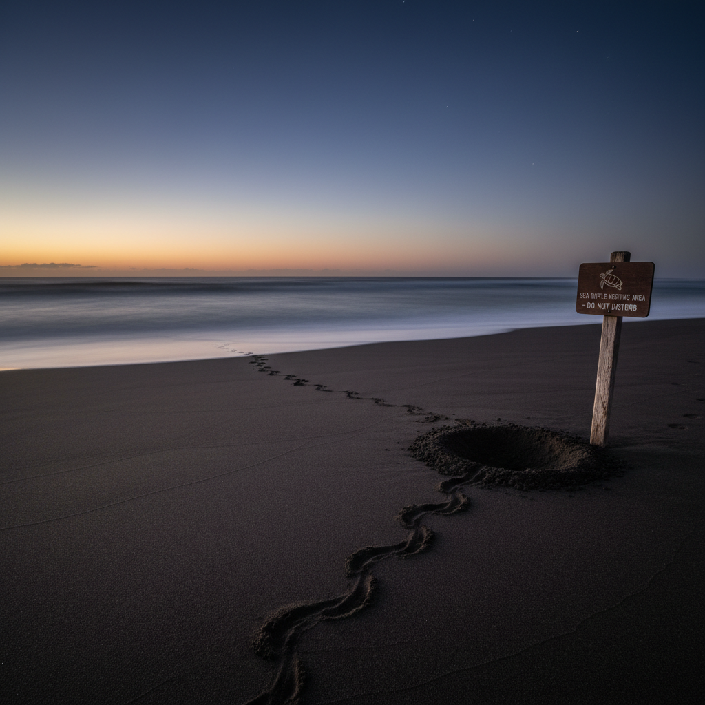 A pristine, empty black-sand beach at twilight, marked only by the delicate, meandering tracks of a newly hatched turtle leading from a faintly sunken nest toward the softly foaming shoreline. The distant waves are blurred by a long exposure, transforming the ocean into a silvery, ethereal band beneath a deep indigo sky with a hint of lingering sunset glow. A weathered wooden sign with a small turtle emblem stands discreetly at the edge of the nesting area. Photographic realism, shot from a low, near-ground perspective following the tracks, with a leading line composition drawing the eye toward the horizon. Moody, serene, and sophisticated, evoking reverence for fragile wildlife and the quiet drama of conservation-focused travel moments.